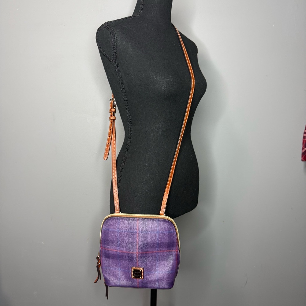 Dooney & Bourke Purple Plaid Crossbody with Brown Leather Trim - Picture 9 of 9